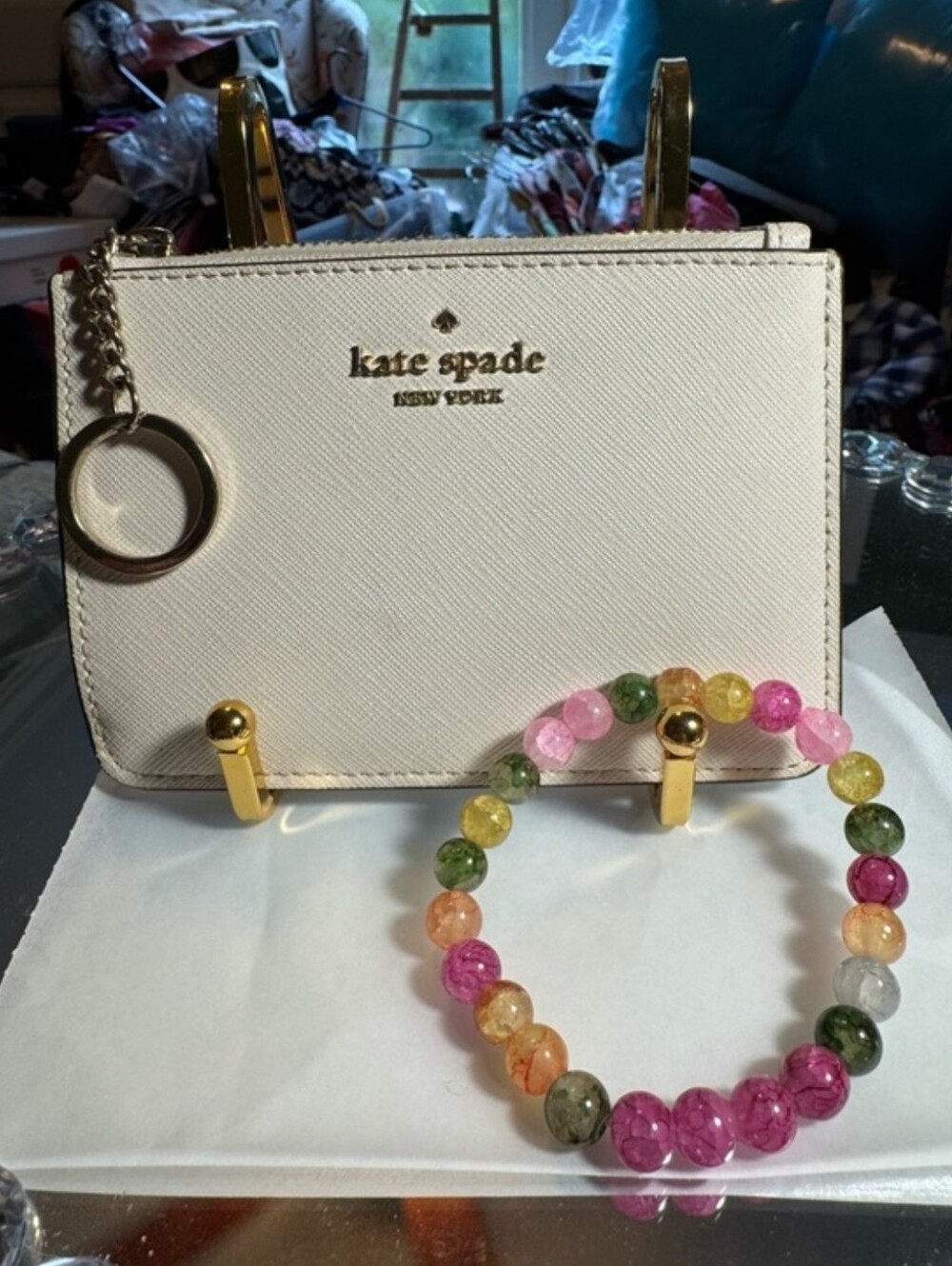 kate spade New York White Saffiano Keychain/Wallet With Glass Bracelet NWOT